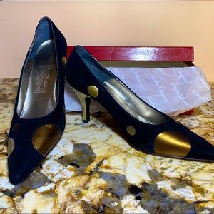 Ferragamo Black Suede & Metallic Gold Circle Pumps